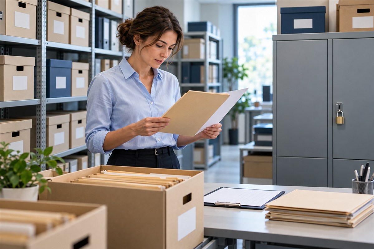 Une femme consulte un dossier dans une salle d’archives, entre cartons de documents et armoire fermée à clé.