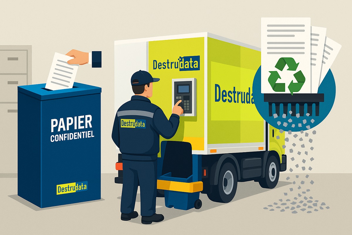 Dessin avec collecteur sécurisé Destrudata et employé avec camion broyeur