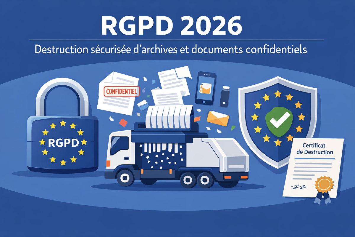 RGPD 2026 destruction sécurisée d’archives et documents confidentiels. Illustration vectorielle