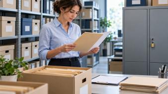 Une femme consulte un dossier dans une salle d’archives, entre cartons de documents et armoire fermée à clé.