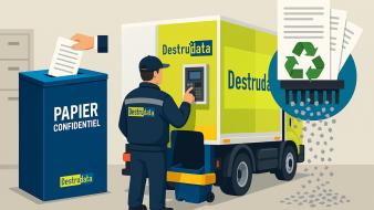 Destruction d’archives ponctuelle ou régulière Dessin avec collecteur sécurisé Destrudata et employé avec camion broyeur