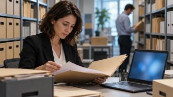 Une femme consulte un dossier papier dans une salle d’archives, devant un ordinateur portable.