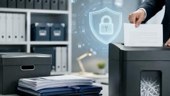 Destruction sécurisée de documents papier dans un bureau, avec un cadenas numérique symbolisant la protection des données.