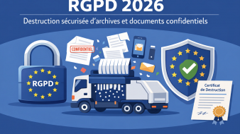 RGPD 2026 destruction sécurisée d’archives et documents confidentiels. Illustration vectorielle